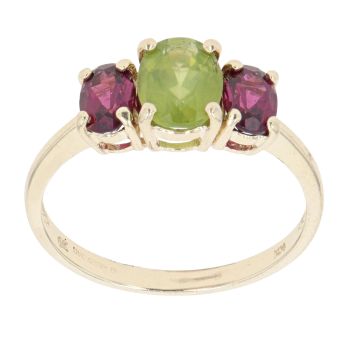 9ct Yellow Gold Peridot And Garnet Three Stone Ring