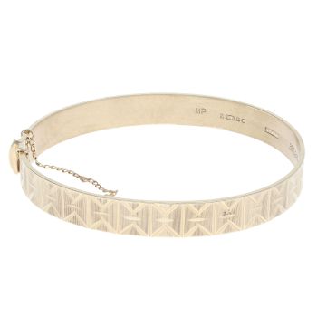 9ct Yellow Gold Patterned Bangle With Safety Chain