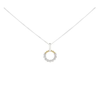 Silver Two Tone Cubic Zirconia Circle Pendant And Chain 18"