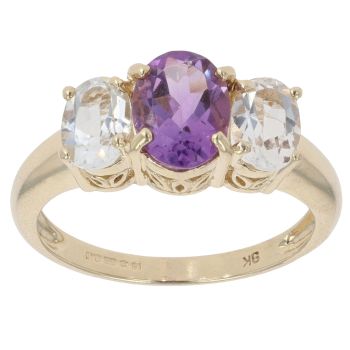 9ct Yellow Gold Amethyst And Colourless Gemstone Ring