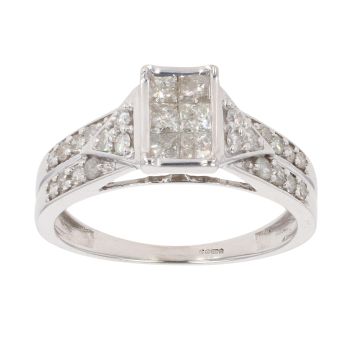 9ct White Gold 0.75ct Princess And Brilliant Cut Diamond Cluster Ring