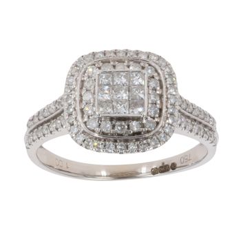 18ct White Gold 1.00ct Princess And Brilliant Cut Diamond Cluster Ring