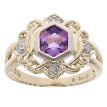 9ct Yellow Gold 0.05ct Diamond and Amethyst Dress Ring