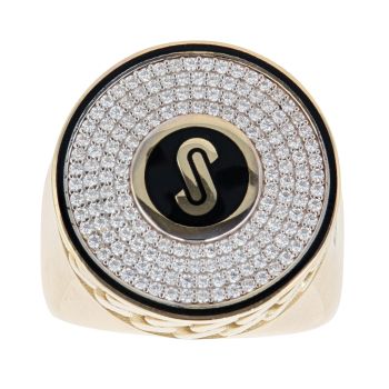 14ct Yellow Gold Monaco Cubic Zirconia and Black Enamel Circular Signet Ring
