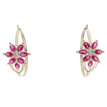 14ct Yellow Gold Red Gem Flower Hoop Earrings