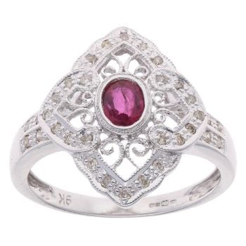 9ct White Gold 0.15ct Diamond And Ruby Ring