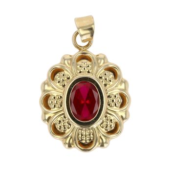 14ct Yellow Gold Red Gemstone Flower Pendant
