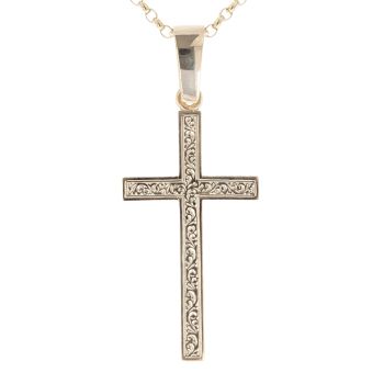 9ct Yellow Gold Patterned Cross Pendant and Belcher Chain 24"
