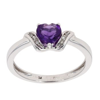 9ct White Gold Created Amethyst and Diamond Heart Dress Ring