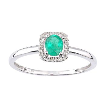 9ct White Gold Oval Emerald and Diamond Cluster Ring