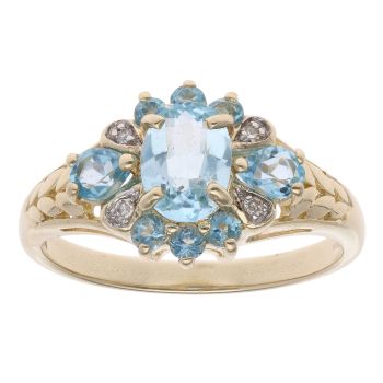 9ct Yellow Gold Blue Topaz and 0.05ct Diamond Cluster Ring