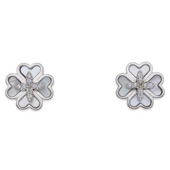925 Sterling Silver Mother Of Pearl And Cubic Zirconia Leaf Clover Stud Earrings