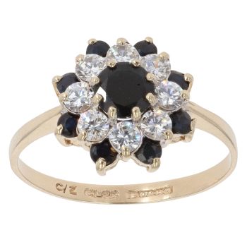 9ct Yellow Gold Sapphire And Cubic Zirconia Cluster Ring