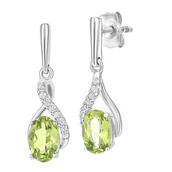 9ct White Gold Oval Peridot Crossover Diamond Drop Earrings