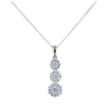 Silver Cubic Zirconia Trio Cluster Drop Pendant And 16" Chain