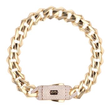 14ct Yellow Gold Monaco Curb Edge Cubic Zirconia Pave Lock Bracelet 8.5"