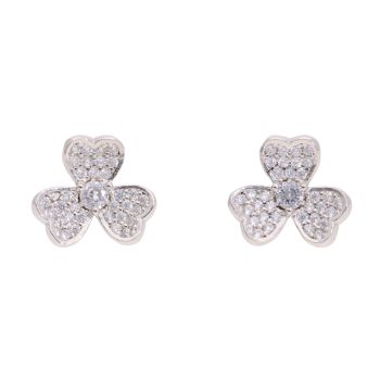 Silver Cubic Zirconia Three Leaf Clover Stud Earrings by Icesia