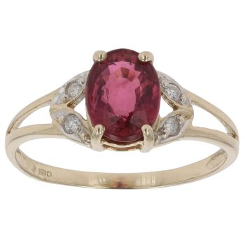 9ct Yellow Gold Pink Gemstone and 0.05ct Diamond Ring
