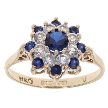 9ct Yellow Gold Created Sapphire And Cubic Zirconia Cluster Ring