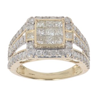 9ct Yellow Gold 2.00ct Princess And Brilliant Cut Diamond Cluster Ring