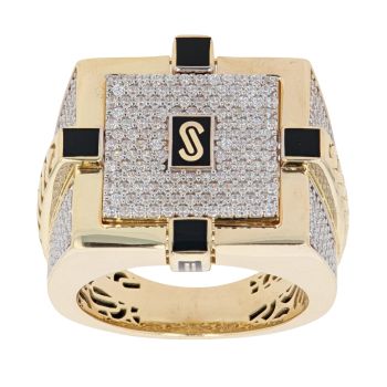 14ct Yellow Gold Monaco Cubic Zirconia and Black Enamel Signet Ring