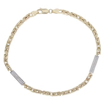 14ct Yellow And White Gold Cubic Zirconia Bar And Byzantine Bracelet 8.5"
