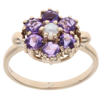 9ct Yellow Gold Amethyst and Pearl Cluster Ring