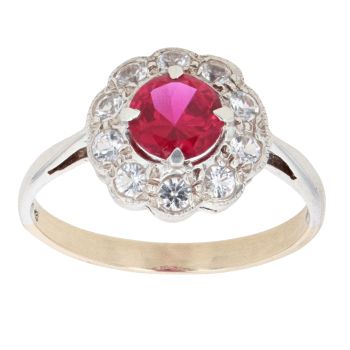 9ct Yellow and White Gold Cubic Zirconia and Ruby Cluster Ring