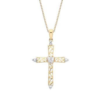 18ct Yellow ﻿Gold on Sterling Silver Diamond Filigree Heart Cross Pendant Necklace