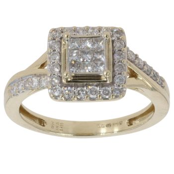 9ct Yellow Gold 0.45ct Princess And Brilliant Cut Diamond Cluster Ring