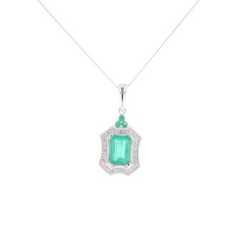 9ct White Gold Emerald And 0.08ct Diamond Shield Pendant And Chain 18"