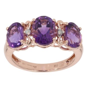 9ct Rose Gold 0.02ct Diamond And Amethyst Three Stone Ring