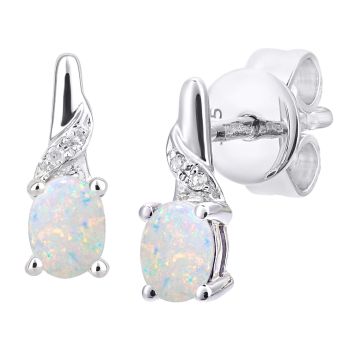 9ct White Gold Oval Opal and Diamond Drop Earrings