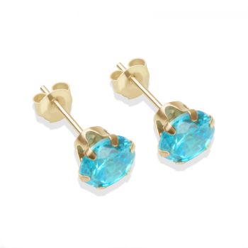 9ct yellow gold 6mm aqua CZ stud Earrings