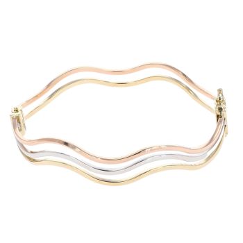9ct Yellow White and Rose Gold Hinged Wave Bangle