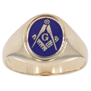 9ct Yellow Gold Blue Enamel Masonic and Plain Swivel Ring