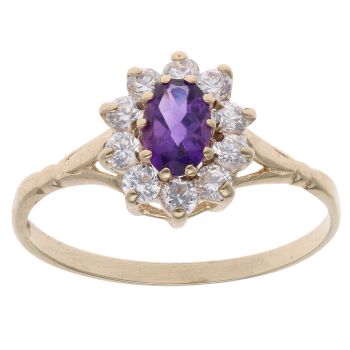 9ct Yellow Gold Amethyst And Cubic Zirconia Cluster Ring