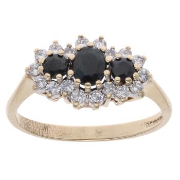 9ct Yellow Gold Cubic Zirconia and Sapphire Triple Cluster Ring