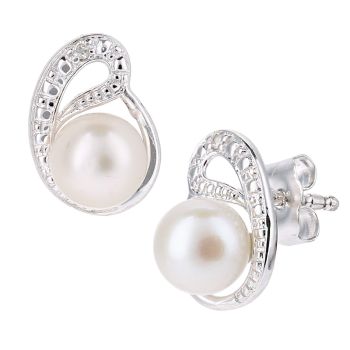 9ct White Gold Cultured Pearl and Diamond Stud Earrings