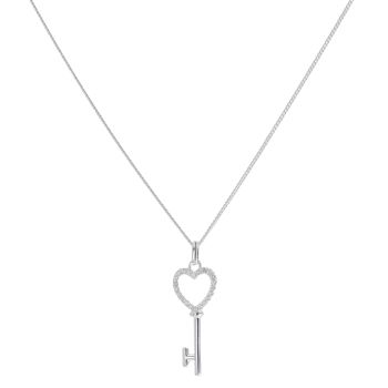Silver Cubic Zirconia Heart Key Pendant And Chain 18" By Icesia