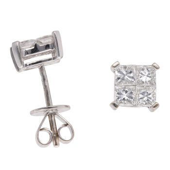 18ct White Gold 1.00ct Princess Cut Diamond Stud Cluster Earrings