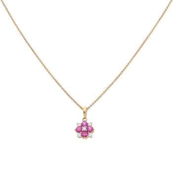 18ct Yellow Gold 0.10ct Diamond And Ruby Cluster Pendant And Chain 16"