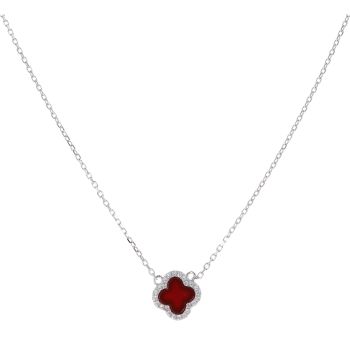 Silver Cubic Zirconia And Red Gemstone Petal Pendant And Chain 18" By Icesia