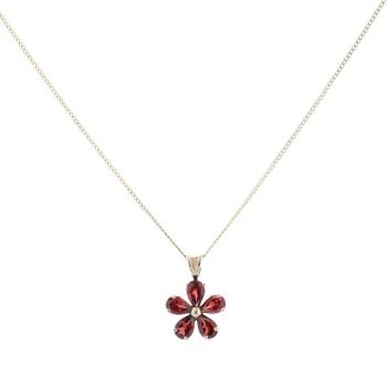 9ct Yellow Gold Garnet Flower Pendant And Chain 16"