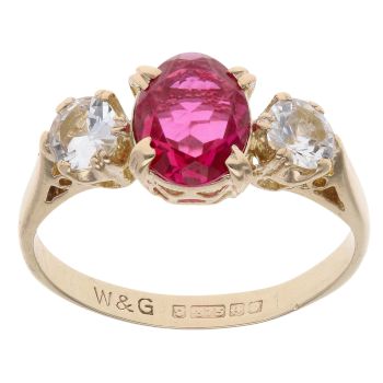 9ct Yellow Gold Created Ruby And Cubic Zirconia Three Stone Ring