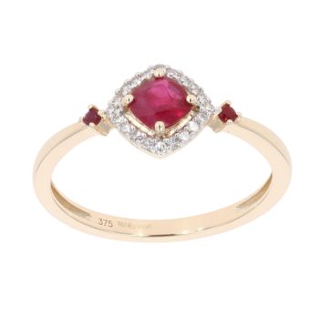 9ct Yellow Gold Ruby and 0.06ct Diamond Cluster Ring