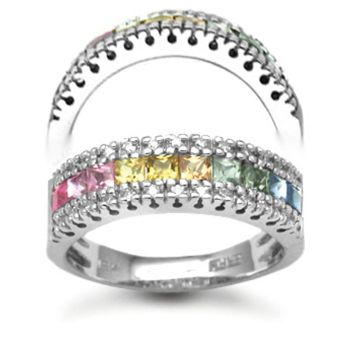 18 Carat White Gold Diamond-13pt Multi Colour Sapphire 1.33ct Ring