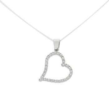 Silver Cubic Zirconia Open Heart Pendant And Chain 18"