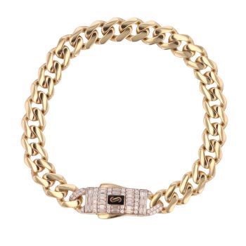 14ct Yellow Gold Monaco Classic Baguette Pave Lock Curb Bracelet 7"