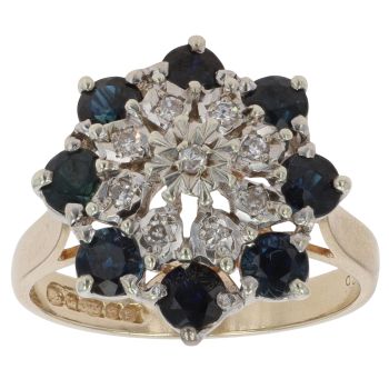 9ct Yellow Gold Sapphire and Cubic Zirconia Cluster Ring